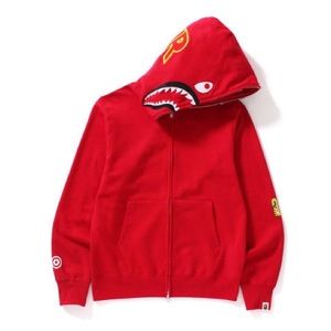Red BAPE zip up, shark on hood, worn once